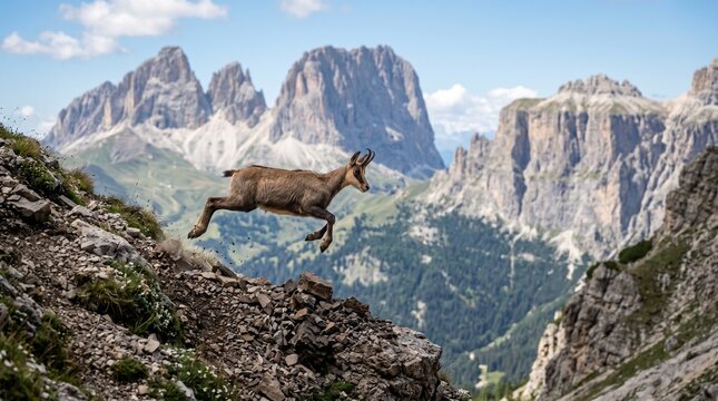 A goat jumping on a rocky mountain slope with a stunning mountain range background.