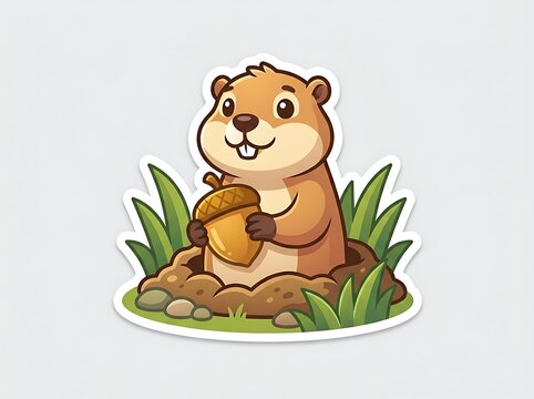 Cute gopher vector character peeking from a hole with an acorn