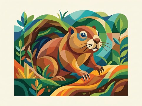 Gopher vector stylized geometric rodent in vibrant nature habitat