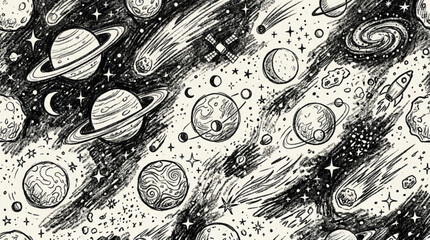 A black and white vector illustration of planets, stars, and galaxies in a cosmic space scene © muhammad