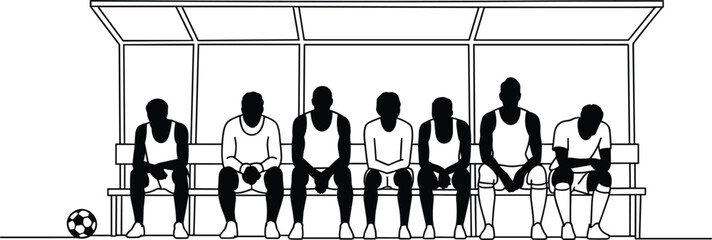 Soccer team players sit on bench under shelter with ball in minimalist line art style © Ismail