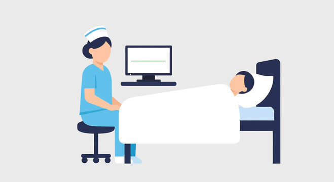 Nurse caring for patient in hospital bed, monitoring vital signs on computer screen