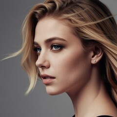 Naklejka premium Blonde woman with blue eyes and fair skin poses for studio portrait. She wears makeup and a diamond stud earring. Her hair blows in the wind, highlighting her features.