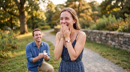 Fototapeta premium Surprised woman with hands on face as man proposes in park