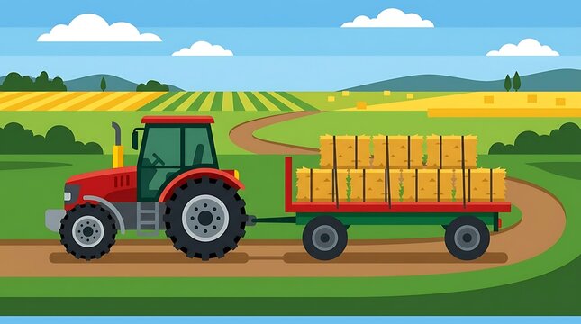 Modern red tractor and trailer vector illustration in farm field
