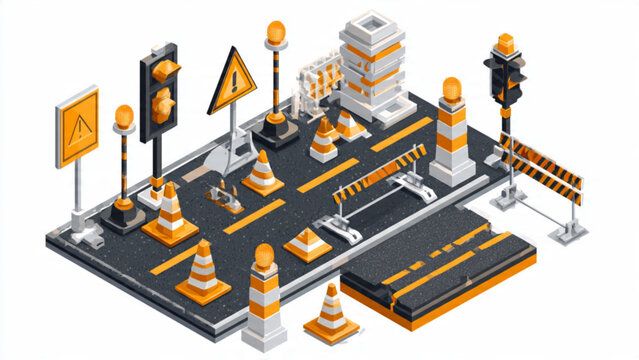 Isometric Construction Site with Roadwork and Traffic Signs.