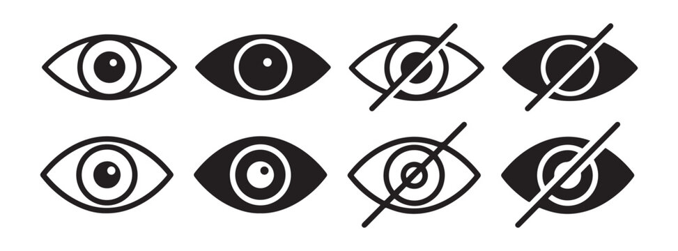 View icon visibility eye vector set, hidden and unhidden look supervision options featuring linear outline, crossed eye, and solid black graphic symbol collections