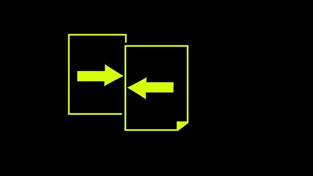 Two bright yellow outlined documents with opposing arrows indicating data transfer or document exchange on a black background, a conceptual representing information flow or document