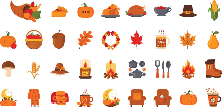 Seasonal thanksgiving icons featuring harvest food decor pumpkins candles and autumn home elements.