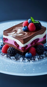 A gourmet fruit chocolate mashup dessert featuring layers of dark cocoa mousse, raspberry cream, and fresh berries on a frosted plate with sugar crystals
