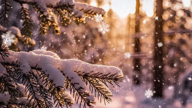Snow-covered pine branches with falling snowflakes and warm sunlight in a winter forest.