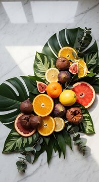 A vibrant fruit chocolate mashup featuring fresh citrus slices, juicy figs, and decadent chocolate-dipped fruits arranged artfully on tropical green leaves