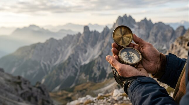 Hiker holding a vintage brass compass while trekking in the mountains