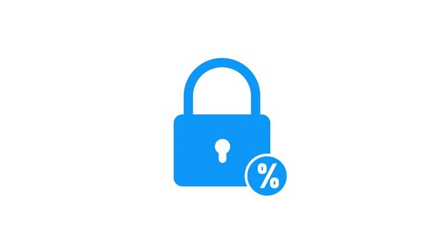 Bright blue of a closed padlock with a small circle containing a percentage symbol to its lower right on a clean white background signifying secure financial transactions or protected rates