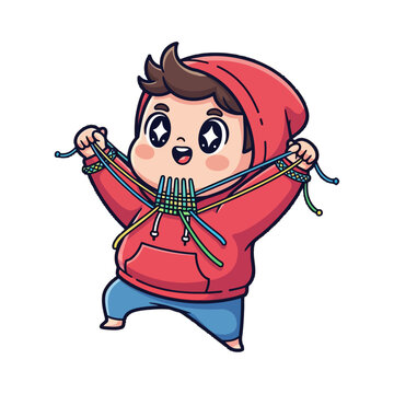 Cute cartoon boy playing with colorful string art toy.