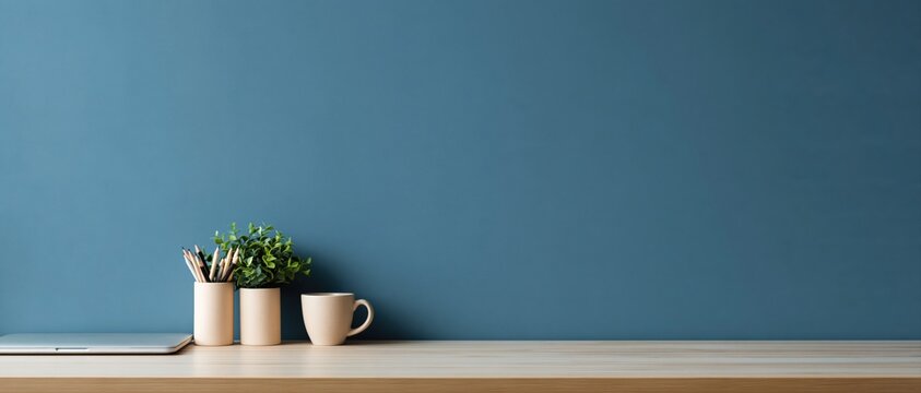 Minimalist desk workspace with a coffee mug and plant against a blue wall background