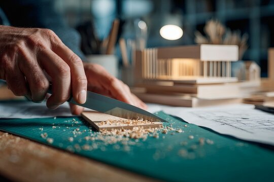 POV of Architect Cutting Balsa Wood for Sustainable Model with Precision Knife.