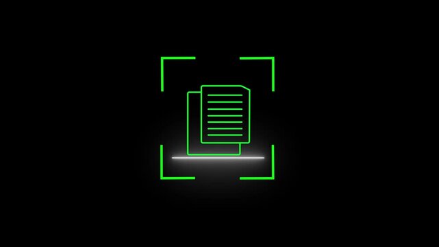 Bright green neon outline of stacked papers being scanned by a horizontal light beam within a digital frame on a black background symbolizing document digitization and electronic data