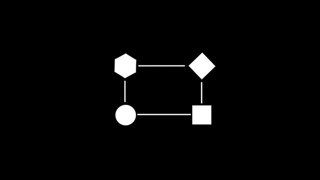 A minimalist diagram composed of four white geometric shapes a circle a square a hexagon and a diamond connected by thin white lines forming a rectangular structure against a stark black