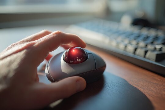 POV of Professional Using High-End Vertical Trackball Mouse for Productivity.
