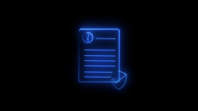 Neon blue outline of a document with an exclamation mark and a shield with a checkmark glowing against a dark black background signifying digital security and important alerts Keywords