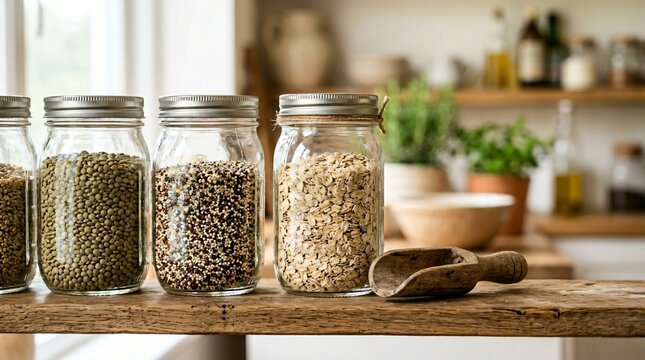 Glass Mason Jars with Grains on Wooden Shelf Zero Waste Pantry