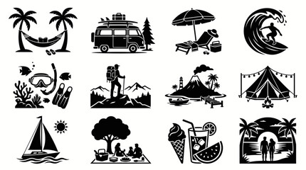 Obraz premium Beach Vacation Summer Recreation Silhouette Icon Pack Travel Tourism Vector 4K