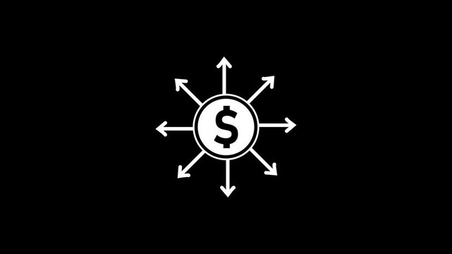 White dollar sign symbol with radiating arrows in a circle on a black background representing financial distribution or investment diversification concepts
