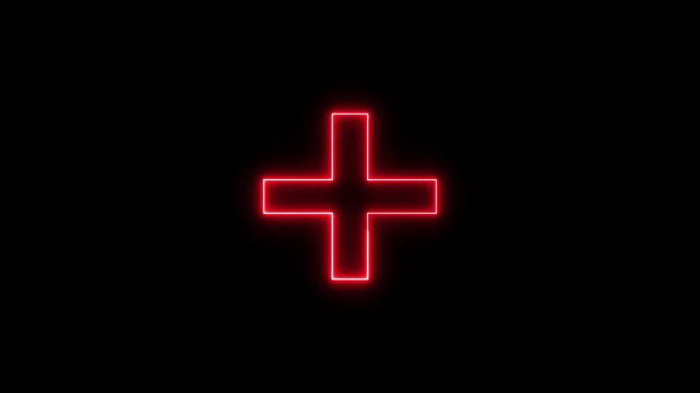 Glowing futurist positive technology sign. neon red plus icon concept animation Neon medical cross icon on background 4k video..