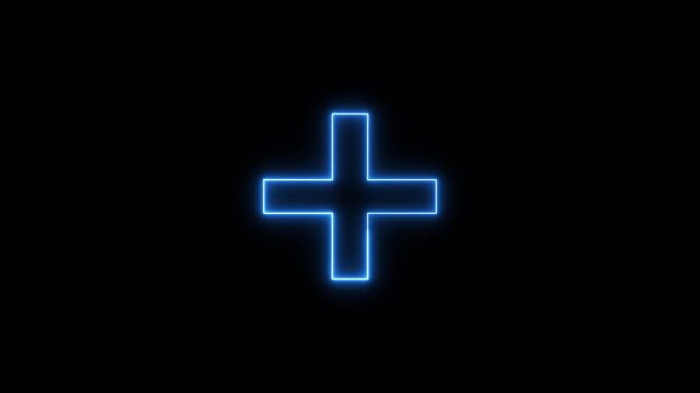 Glowing futurist positive technology sign. blue neon plus icon concept animation Neon medical cross icon on background 4k video..