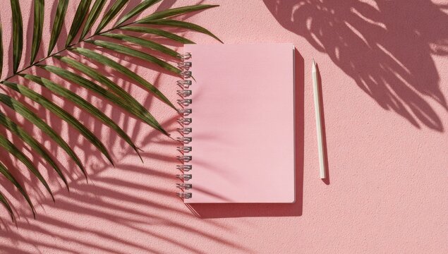 Pink notebook with palm leaf shadow