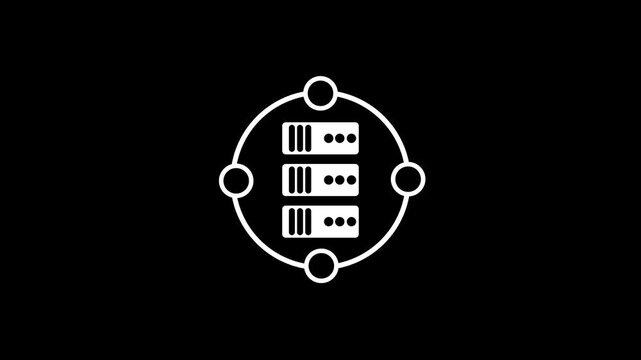 White circular diagram with three stacked server and connecting dots on a black background representing data storage or network infrastructure