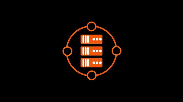 Orange circular diagram with three stacked server and connecting dots on a black background representing data storage or network infrastructure