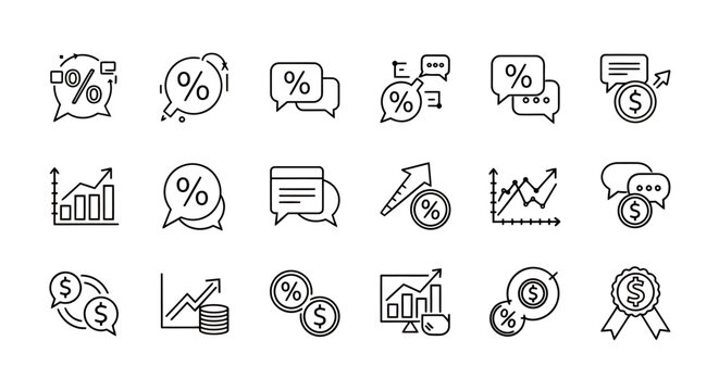 Set of line icons illustrating core business and finance concepts.