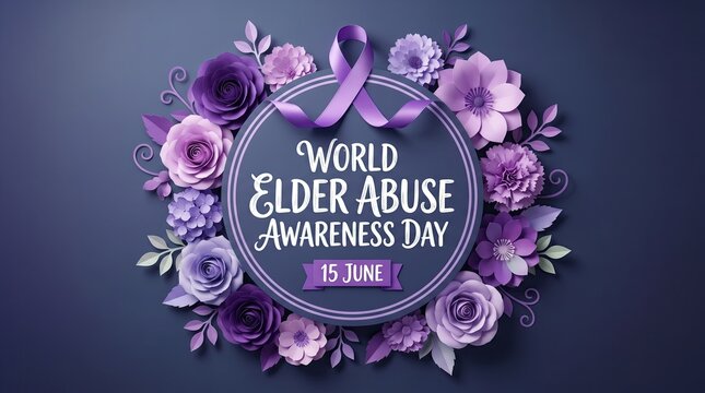 World elder abuse awareness day purple floral design with ribbon on dark background