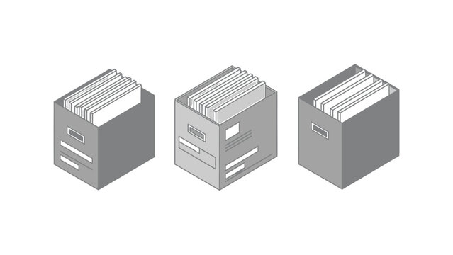 Three isometric grey archive boxes with files inside, isolated on a white background.