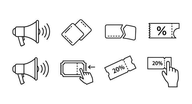 Set of linear advertising and promotion icons including megaphone, book, sofa, discount label and interactive gestures for marketing and ecommerce.