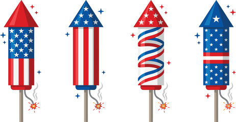 Obraz premium Patriotic 4th of July rocket firework set, American flag stars stripes independence day vectors