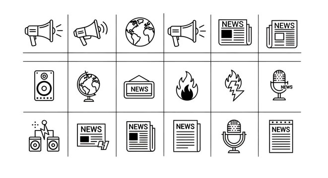 Collection of media and communication icons including news, megaphone, microphone, speakers and devices.