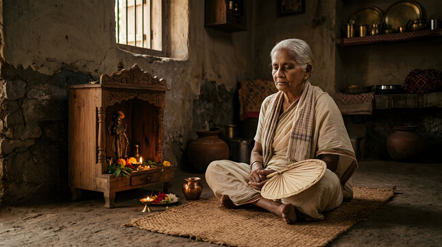 Nirjala ekadashi devotee praying to lord vishnu in a rustic home