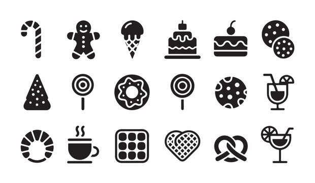 Assorted sweet dessert icons with candy cakes cookies and cocktails for bakery menu sets.