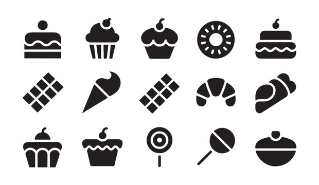 Bakery and sweets icon set featuring cakes chocolate bars croissants and cupcakes motifs.
