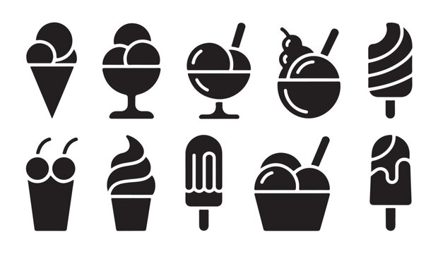 Gourmet frozen dessert icons including cups bowls and specialty ice cream bars on sticks.