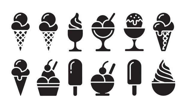 Cold dessert icon collection with scoops and soft serve varieties for ice cream parlor.