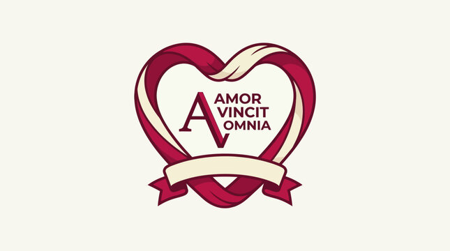 Elegant stylized heart emblem with red and beige ribbons, featuring decorative initial 'A' and Latin motto 'Amor Vincit Omnia', symbolizing love and unity