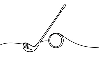 Obraz premium Continuous line drawing of a golf club and ball on the ground in sand bunker art