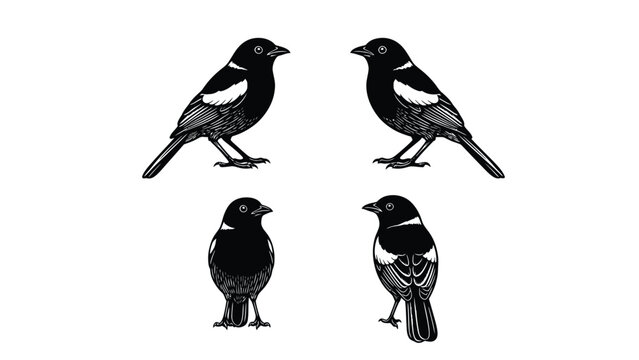 Four detailed black and white illustrations of magpies standing on a white background.