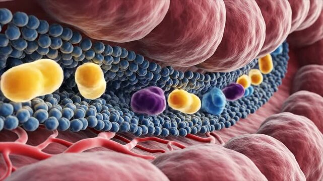 Microscopic view of colorful cells and vessels in a human body tissue section