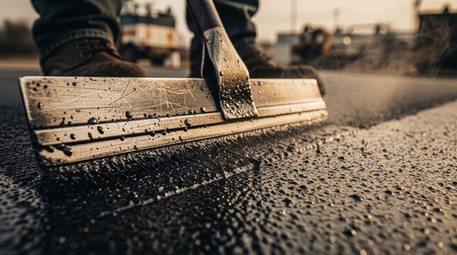 Close up view of construction worker using squeegee tool to apply black asphalt sealant on driveway surface during professional pavement maintenance and road repair work outdoors.