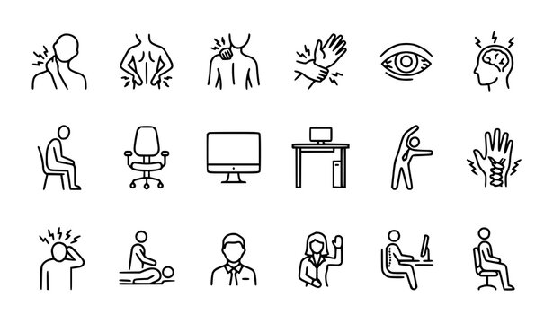 Office Syndrome Thin Line Icons Set with Workplace Health Problems and Ergonomic Risk Editable Stroke Vector Collection